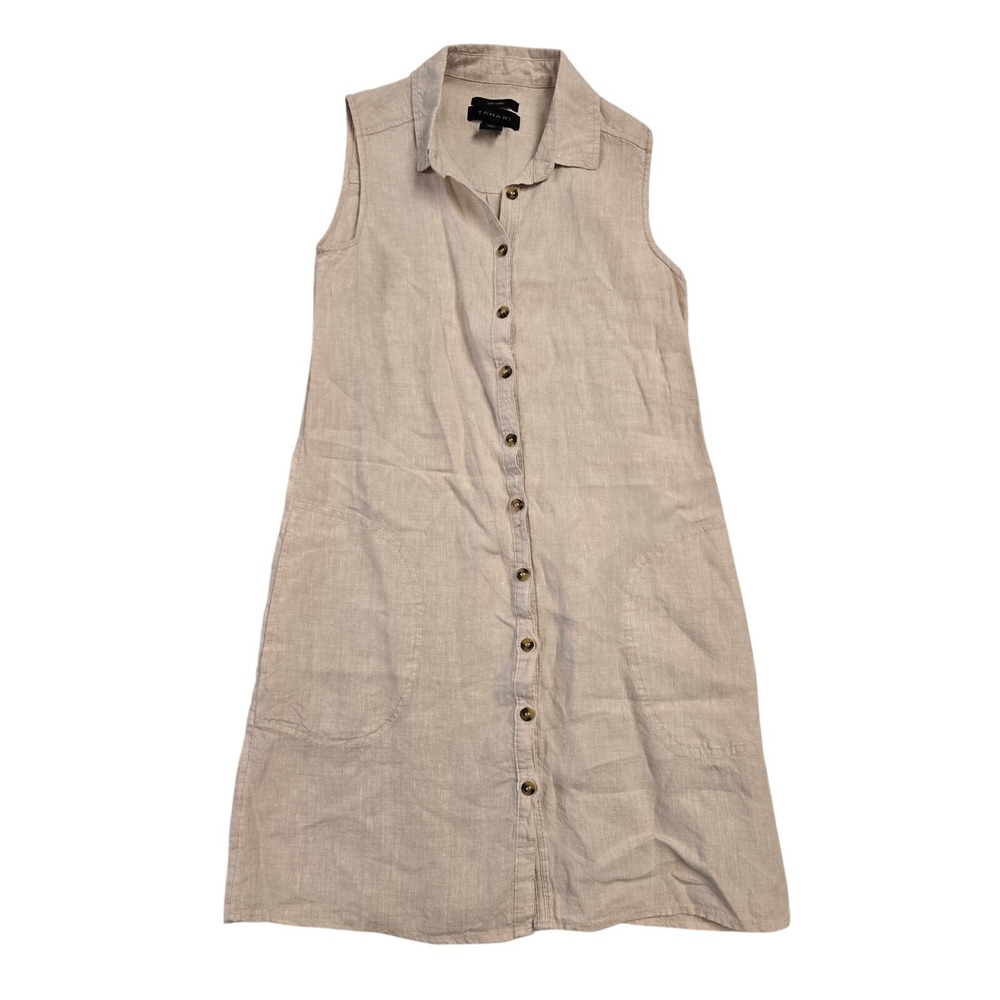 Tahari 100% Linen Sleeveless Button Down Shirt Dress Beige size small minimalist